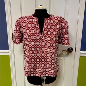 LOFT Size M Deep Red w/White Floral Embroidery Valentine date night, casual NWT